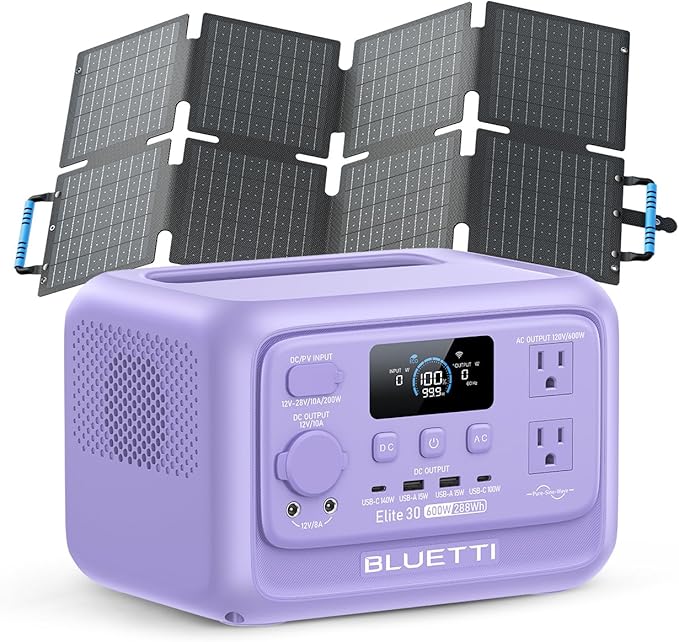 BLUETTI Elite 30 V2 Solar Generator with 60W Solar Panel (Ships Separately) 288Wh LiFePO4 Portable Power Station 600W AC Ports (1500W Power Lifting) UPS Backup Power for Camping Road Trip Outage
