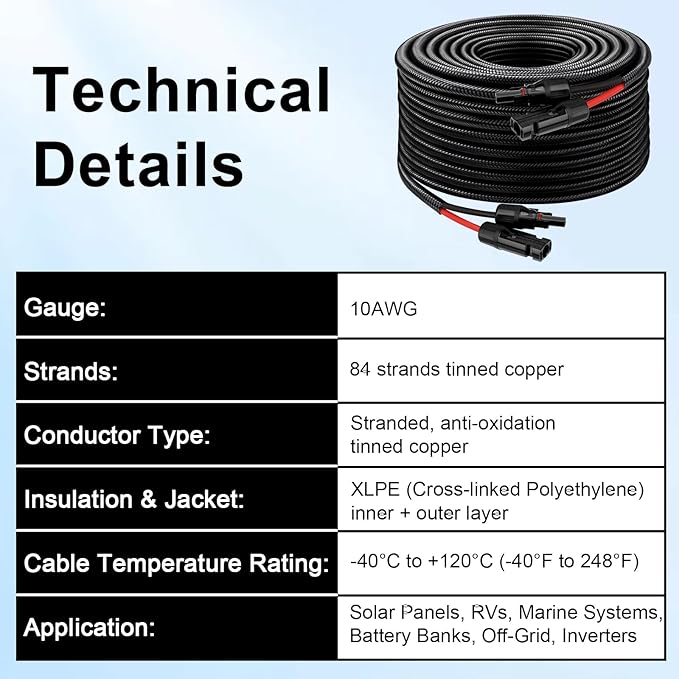 XRDS -RF Solar Panel Cable 100FT 10AWG Solar Extension Cable with Male &amp Female Solar Connectors Flame-Retardant Protective Sleeving Solar Cable Weatherproof PV Wire for Solar Panel Connection
