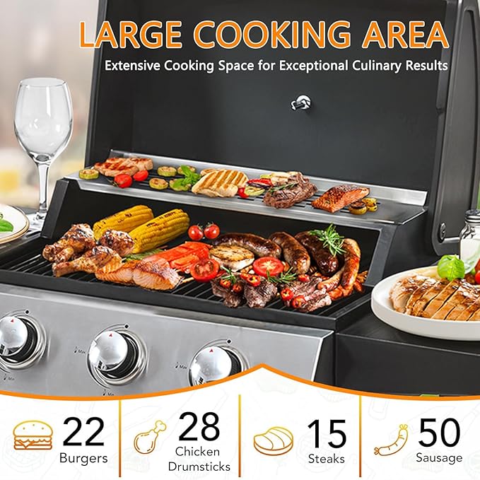 3-Burner Propane Gas BBQ Grill Stainless Steel Propane Grill 36900 BTU Outdoor Cabinet Style with Wheels Wire Rack and Two Foldable Side Table for Outdoor Barbecue Cooking (3-Burner GrillSilver)