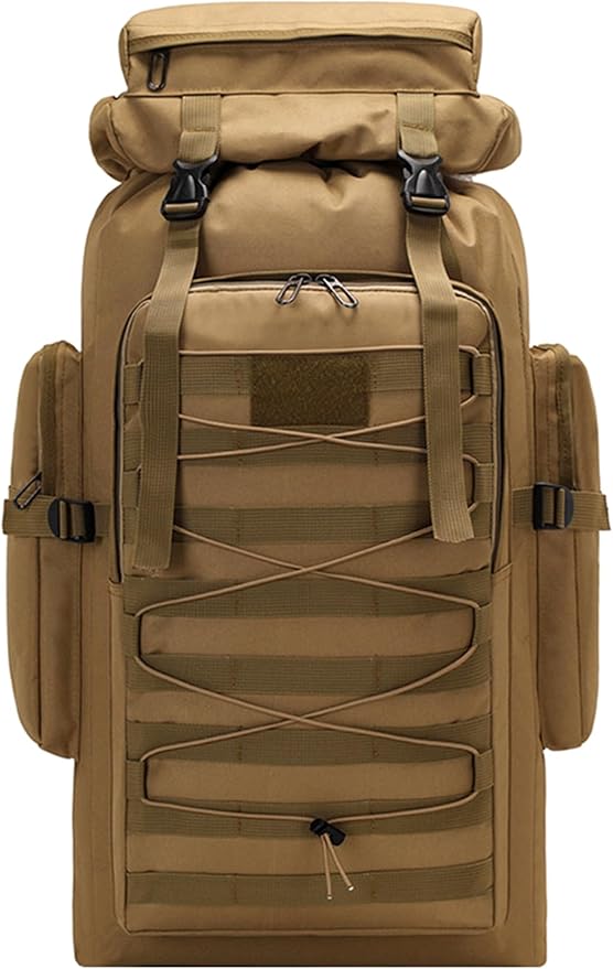 80L Outdoor Camping Backpack for Men Women Large Capacity Polyester Tactical Rucksack Hiking Travel Duffel Bags (Brown)