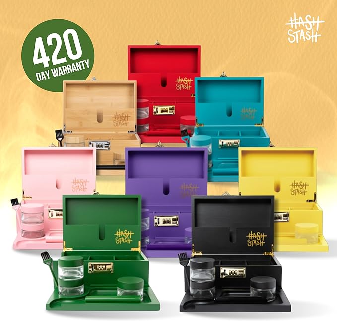HASHSTASH The OG Storage Box - Large Bamboo Box with Combination Lock Magnetic Lid Organizer Tray Airtight Tube and 3 Jars - Discreet Decorative Locking Wooden Box with Accessories (Yellow/Gold)