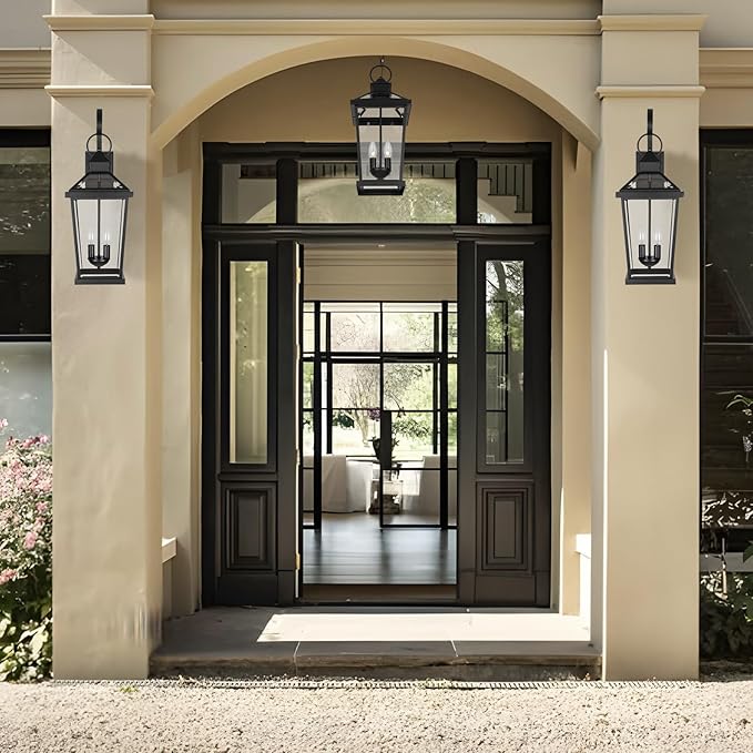 JYZ Dusk to Dawn Outdoor Wall Sconce 24 Inch Waterproof Exterior Wall Lantern with Textured Glass 2-Light Anti-Rust Classic Porch Light for Front Door Garage Patio Yard JYOWL06-BK-L