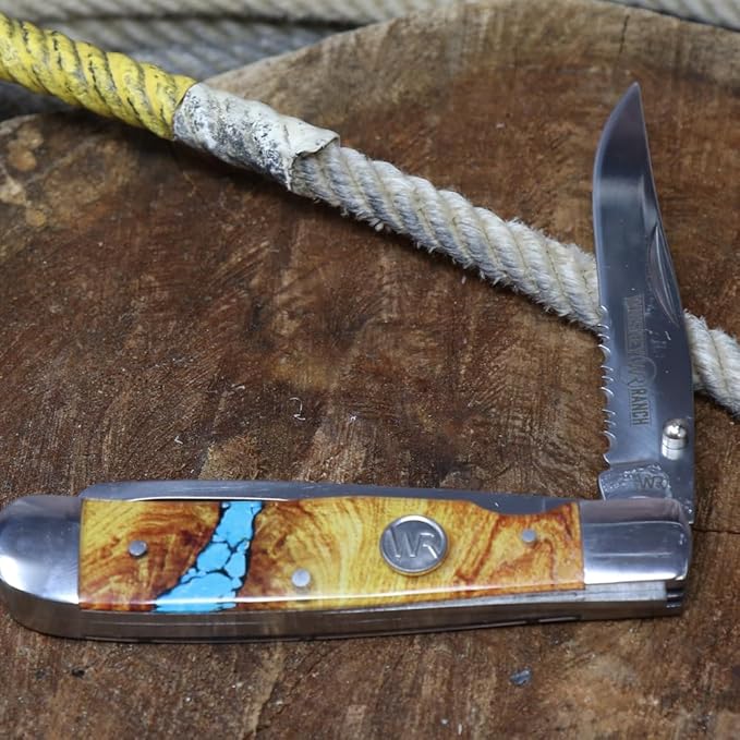 WHISKEY BENT HAT CO. Trapper Folding Pocket Knife with Hoofpick 4.125 Closed Length 440C Stainless Steel Blades (Turquoise River)