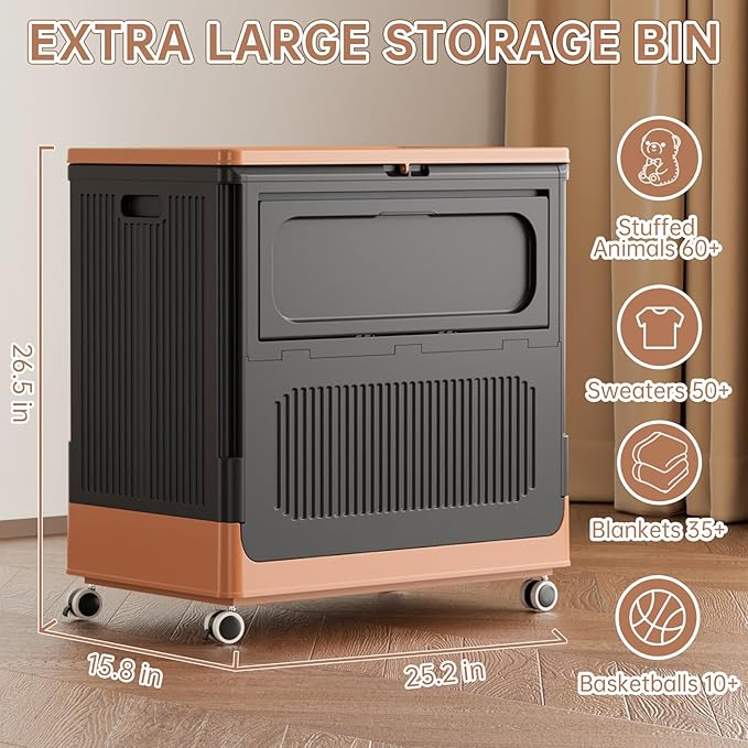 HAIXIN Large Storage Bin with Lid - 130QT Flip-top Storage Container with Wheels 32.5 Gallon Storage Chest Stackable Retro-style Organizer for Closet Bedroom Dorm Black and Brown