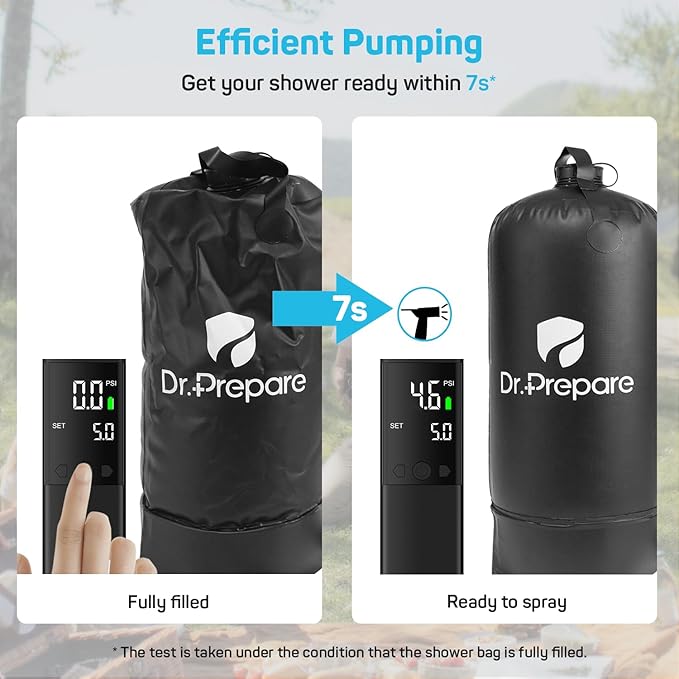 DR.PREPARE Portable Shower for Camping 4 Gallons/15L Camping Shower Bag Portable Outdoor Shower with Rechargeable Pump for Camping Beach Hiking Climbing Pet Cleaning