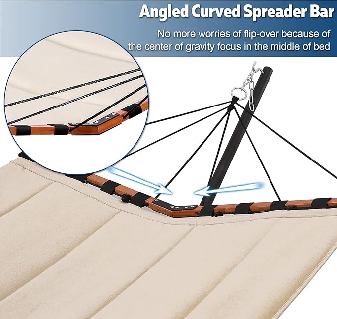 TegerDeger 12FT 2 Person Hammock with Stand Included 55 x 79IN Large Hammock 450LB Capacity with Hardwood Spreader Bar &amp Nylon Rope for Outside Patio Garden Backyard Beach Poolside - Beige
