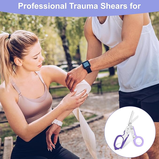 6-in-1 Heavy-Duty Emergencytrauma shears Folding Retractable Emergency Shears Outdoor Camping Tools Seat Belt Cutter Oxygen Cylinder Wrench Complimentary Adjustable Wrench (Purple)