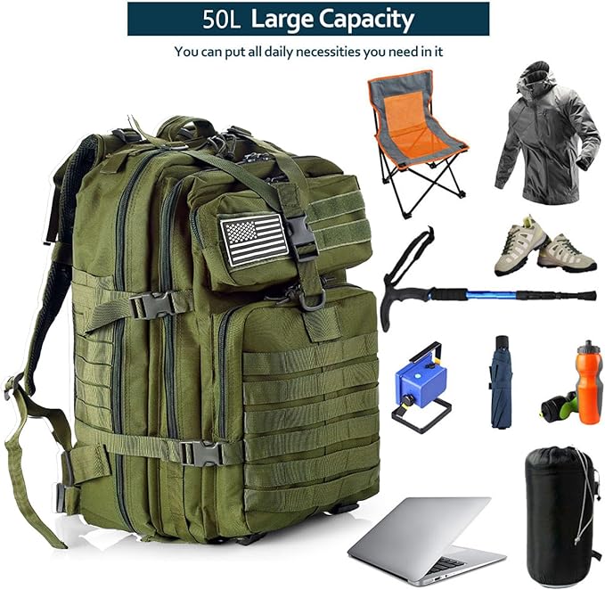 50L Sturdy Nylon Waterproof Fishing Hunting Backpack Outdoor Military Rucksacks Tactical Sports Camping Hiking Bags (Green)