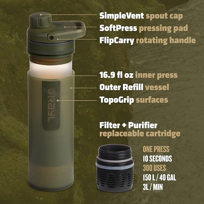GRAYL UltraPress 16.9 oz Water Purifier &amp Filter Bottle for Hiking Backpacking Survival Travel (Olive Drab)