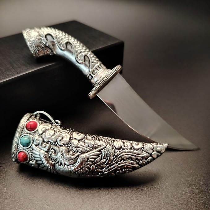 Fixed Blade Tanto Knife with Dragon Metal Sheath Compact Japanese Style Camping Knife Collectible EDC Knife with Gift Box for Men