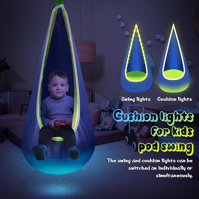 Light Up Kids Pod Swing Seat Upgraded Kids Hanging Hammock Swing with LED Lights Cotton Sensory Pod Swing Chair with Inflatable Pillow Pod Swing for Kids Indoor &amp Outdoor (1 PCS) (Blue)