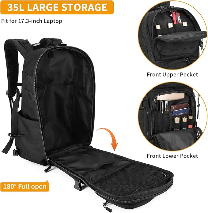 HUNTVP Tactical Backpack for Men 35L Military Backpack MOLLE 1000D Army Daypack 3 Day Bug Out Bag for Work Camping Hiking Outdoor Black