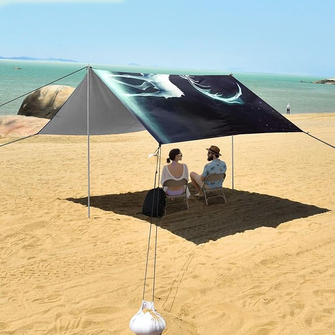 ALAZA Elf of Deer Elk Moon Beach Tent Sun Shelter UPF50+ Protection Beach Shade Canopy w/ 4 Sandbags for Outdoor Camping Fishing Backyard Fun Picnic 10x9 ft