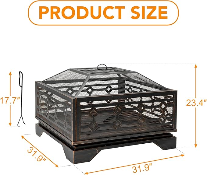 Florise Outdoor Fire Pit 32 Inch Wood Burning Firepit for Outside with Mesh Cover &amp Fire Poker Large Square Metal Fireplace for Patio Backyard Garden Bonfire Party
