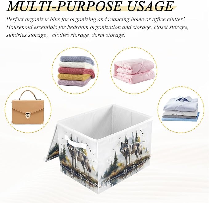 AIXIWAWA Lidded Storage Cube (Wild Wolf) Fabric Foldable Closet Bins with Flip Lid and Handles Organizer Basket Container 16.5 x 12.6 x 11.8 IN