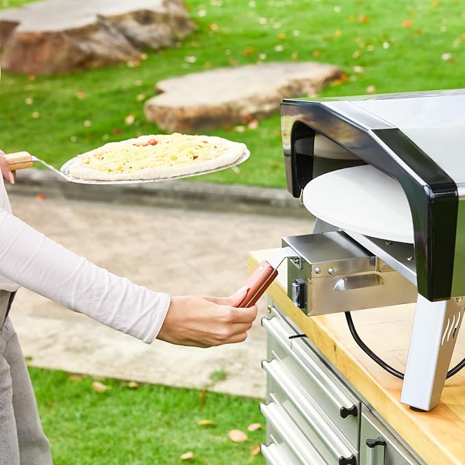 MELLCOM 20 Inch Outdoor Gas Pizza Oven 360° Auto Rotating Pizza Stone with Pull Out Handle Includes Pizza Peel &amp Carry Bag Portable Stainless Steel Propane Pizza Oven for Backyard Camping Gri