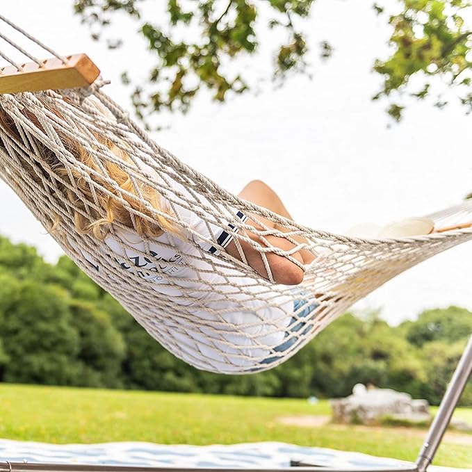 Lazy Daze Hammocks Double Rope Hammock with Stand Include 12 Feet Traditional Cotton Rope with Pillow for Outside Backyard Patio Garden Tan Pillow