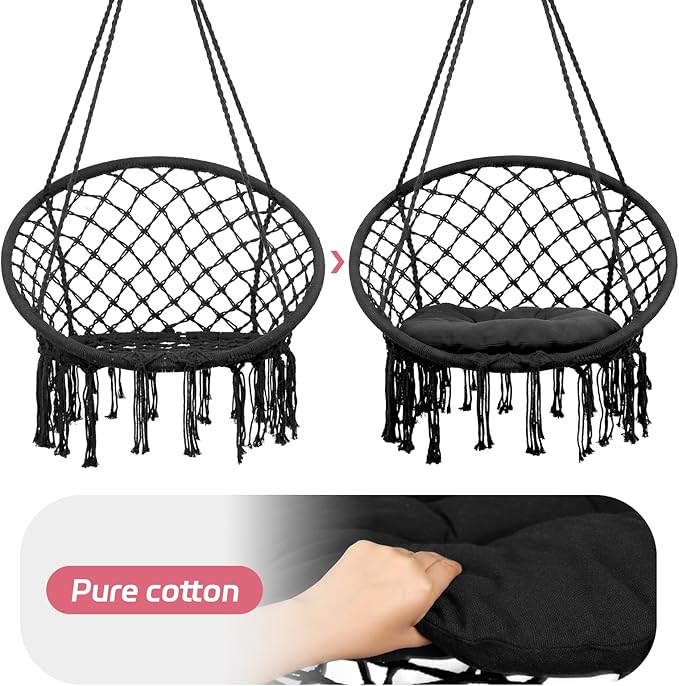Vohala Macrame Hanging Chair Hammock Chair with Large Comfy Cushion Boho Swing Chair for Bedroom Patio Balcony Garden Holds up to 264 lb Accessories Included Cream White
