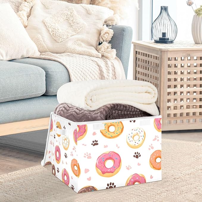 Collapsible Storage Bins with Lids Decorative Fabric Storage Cubes Closet Organizer and Storage Basket Boxes Containers for Clothes Box Chest Nursery Folding Rectangle Doughnuts Paw Prints Wh