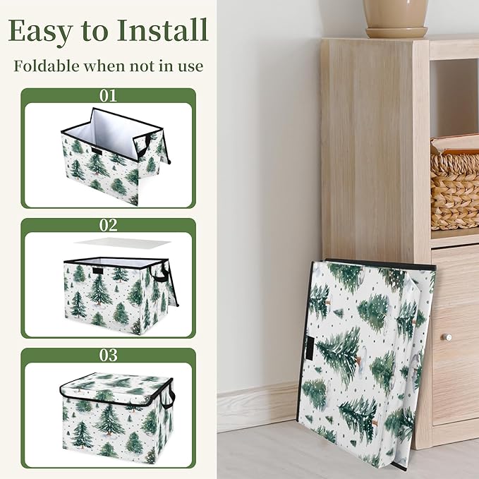 Christmas Tree Storage Basket with Lid Winter Xmas Foldable Storage Box Fabric Storage Bins with Carrying Handles for Home Bedroom Closet Organization