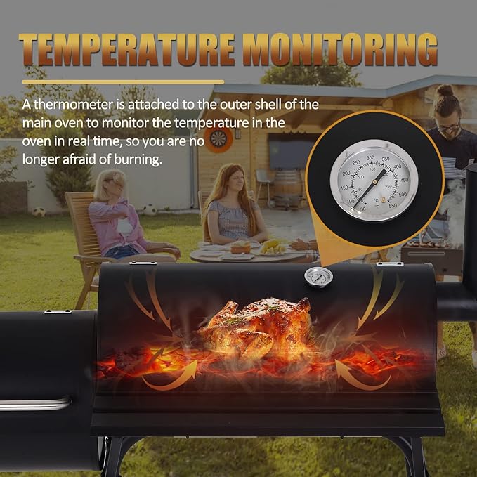 Charcoal Grills Outdoor BBQ Grill Offset Smoker with Wheels Side Fire Box Portable Barbecure Grill for Outdoor Cooking Backyard Camping PicnicsBlack