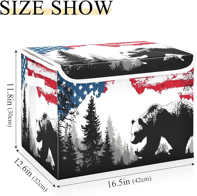 Storage Basket Bins Bear Forest Print with Lid Foldable Flip-top Cubes with Handle for Home Office 16.5×12.6×11.8 in
