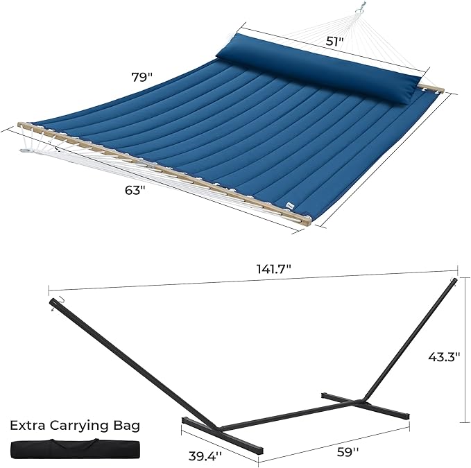 SUPERJARE Hammock with Stand 2 Person Quilted Outdoor Hammock Detachable Pillow &amp Bamboo Spreaders Portable Hammock with Carrying Bag Heavy Duty Stand Perfect for Outside Patio Navy Blue