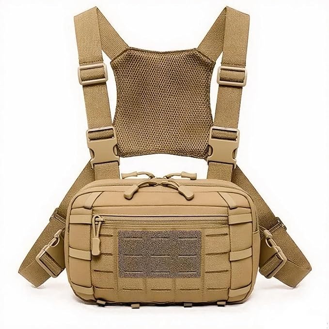 Genérico Compatible For Tactical Chest Pack Webbing System Adjustable Straps Zipper Closure Breathable(Khaki)