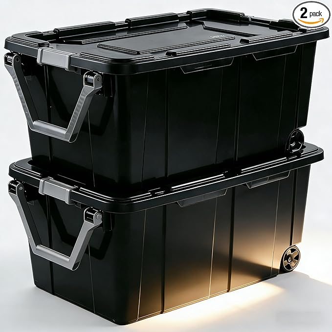 2 Pack 40 Gallon Heavy-Duty Wheeled Storage Bins - Industrial Rolling Totes with Secure Latch Lids for Garage Camping Warehouse &amp Moving Organization (Gray)