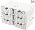 Hespama 6-Pack Plastic Weave Storage Basket with Lid Stackable Organizer Basket White