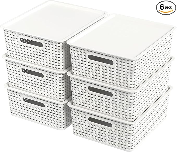 Hespama 6-Pack Plastic Weave Storage Basket with Lid Stackable Organizer Basket White