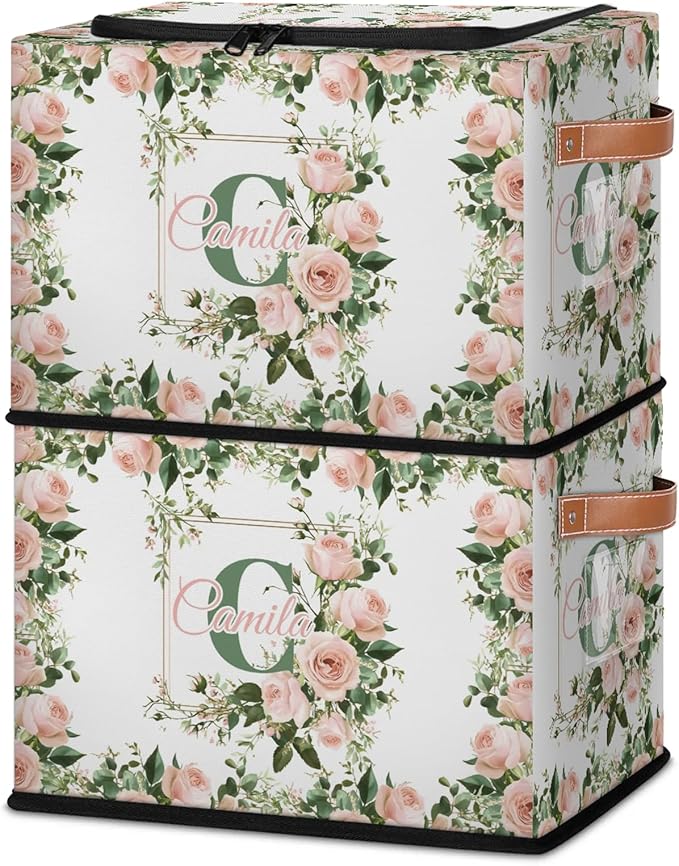 Personalized Rose.flower Initials Storage Bins with Zipper Lid Custom Fabric Storage Boxes Foldable Closet Organizers Cubes for Clothes Shelves Home Decorative 2PCS