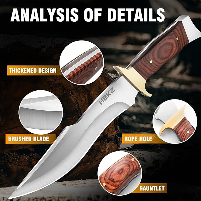 Fixed Blade Survival Knife - 9Cr18 Stainless Steel Hunting Knife - 12 Heavy Duty Bushcraft Knife with Premium Wood Handle - Gift for Men for Camping Hiking &amp Fishing
