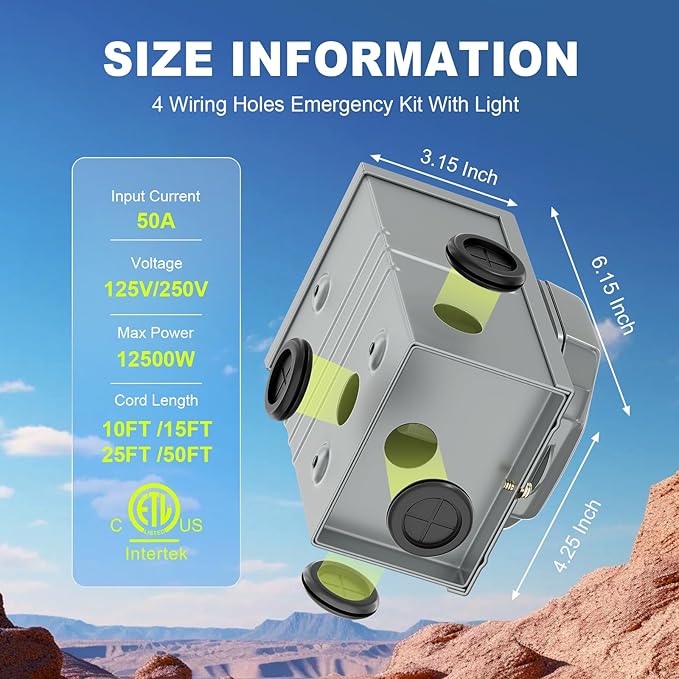 50 Amp Generator Cord and Power Inlet Box Kit 15Feet 50A 4 Prong Heavy Duty RV Extension Cord NEMA 14-50P to SS2-50R STW 6/3+8/1 AWG Gauge Wire Cable for RV Camper &amp HousePre-Drilled ETL Listed