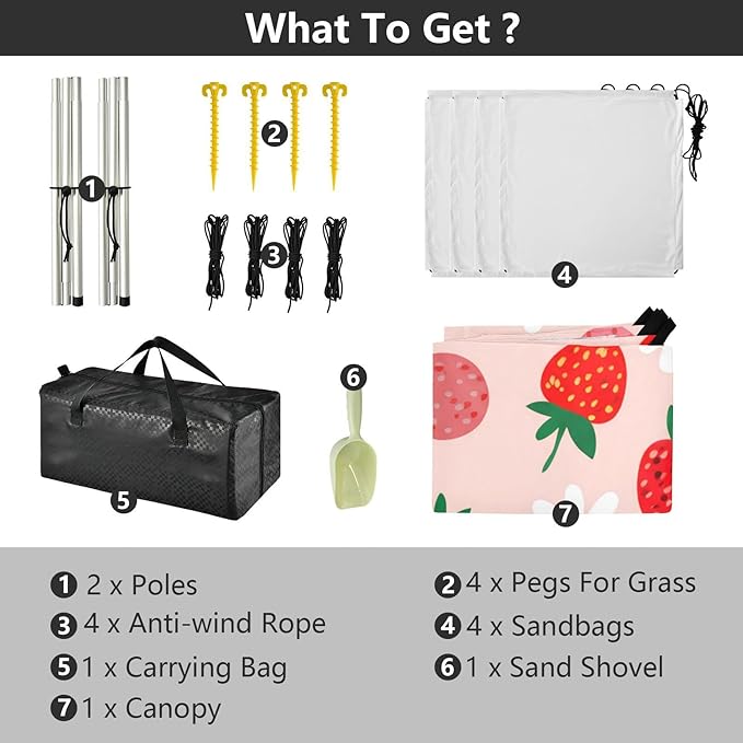 Beach Canopy with Windproof Ropes &amp Sandbags Beach Tent Sun Shade Sun Shelter for Camping Trips Fishing Backyard Fun or Picnics Strawberry