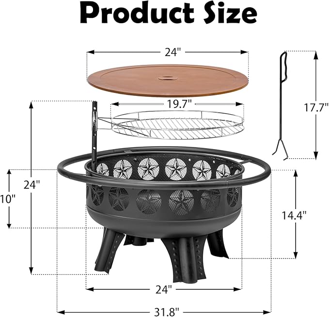 32 Inch Fire Pit with Swivel Cooking Grate3-in-1 Wood Burning Firepit with GrillOutdoor Fire Pits Table with Metal Lid and Poker for Outside Patio Backyard BBQ Bonfire Camping (32 Inch)