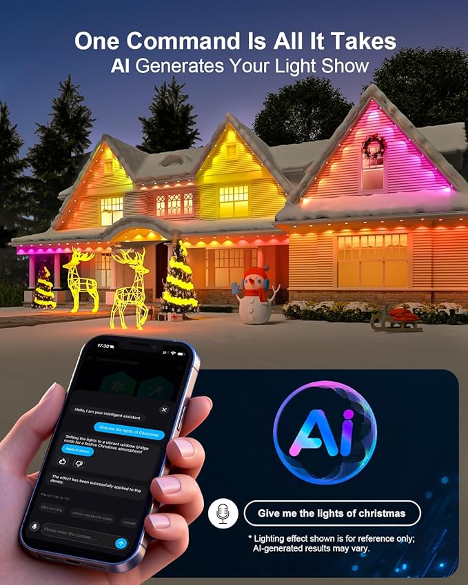 Permanent Outdoor Light Pro 100ft with 72 RGB+IC LED Lights 90 Scene Modes AI Light Design IP67 Waterproof for Halloween Christmas Decor and Daily Lighting Work with Alexa Google