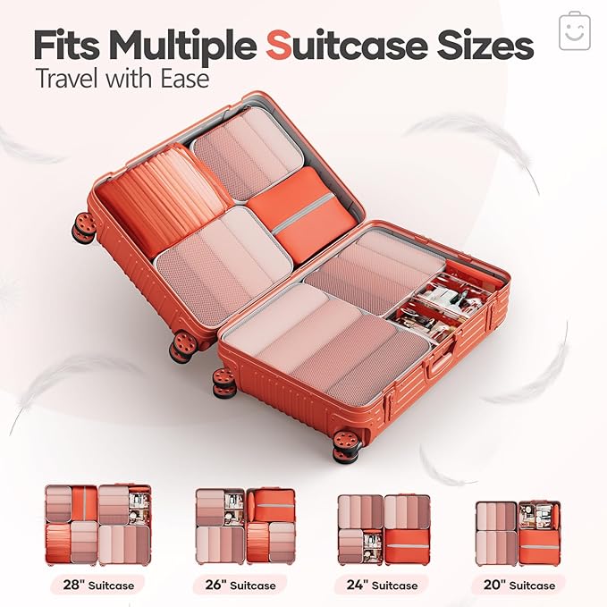 Veken 9/11 Set Compression Packing Cubes for Travel EssentialsCompressible Expandable Large Luggage Suitcase Organizer Bags for ClothingDurable Space Saver Storage Bags with Toiletry Bags(Orange)