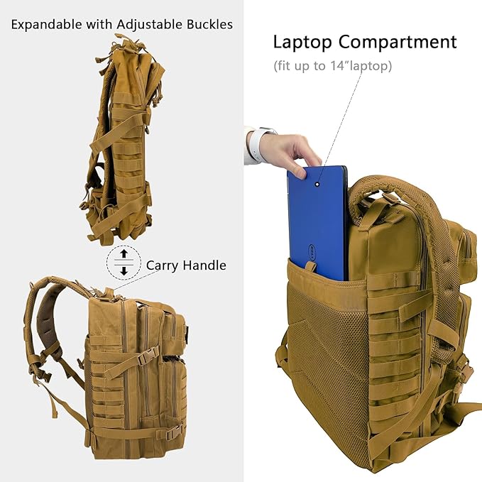 WOLT Military Tactical Backpack for Men 45L Molle Backpack 3 Day Assault Pack Bug Out Bag Heavy Duty Rucksack for Hiking Gym(Khaki)