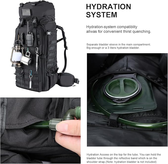 Zsearaymy 75L Hiking MOLLE Backpack with Internal Frame &amp Rain Cover for Tactical Camping Backpacking Survival Travel (Black)