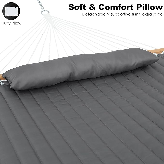 GAFETE Hammock 2 Person Quilted Fabric Hammocks for Outside Double 12ft Hammocks with Spreader Bar Large Removable Pillow Storage Bag Carabiners Max 475 lbs Capacity (Dark Grey)