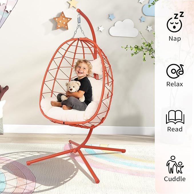 Hanging Egg Chair with Stand Outdoor Indoor Patio Rattan Swing Hammock Chairs with Washable Cushion PE Wicker Swing Chair for Backyard Bedroom Garden (Orange Red +White Cushion No Footrest)