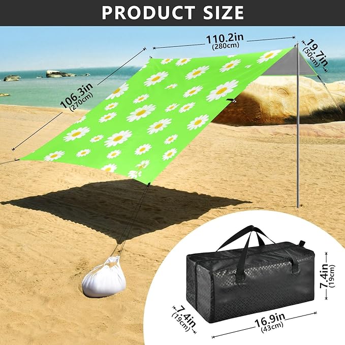 Beach Canopy with Windproof Ropes &amp Sandbags Beach Tent Sun Shade Sun Shelter for Camping Trips Fishing Backyard Fun or Picnics Daisy