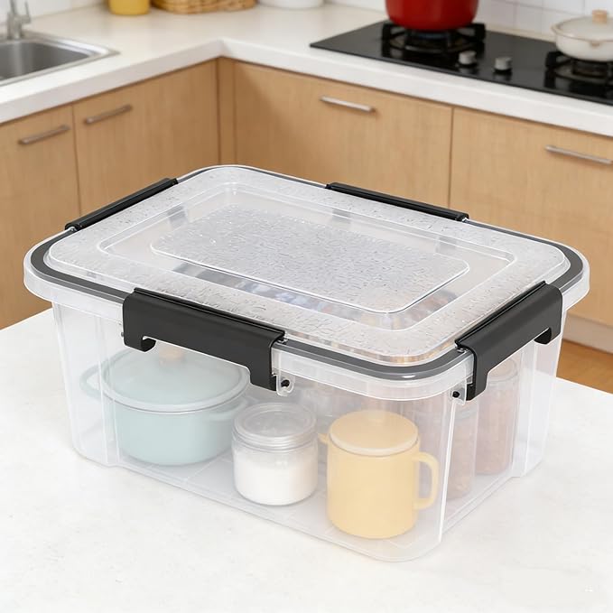 6-Pack 12 Quart Plastic Gasket Box with Seal Lids Watertight Organizing Tote Container Stackable Bin with Secure Latching Buckles Clear
