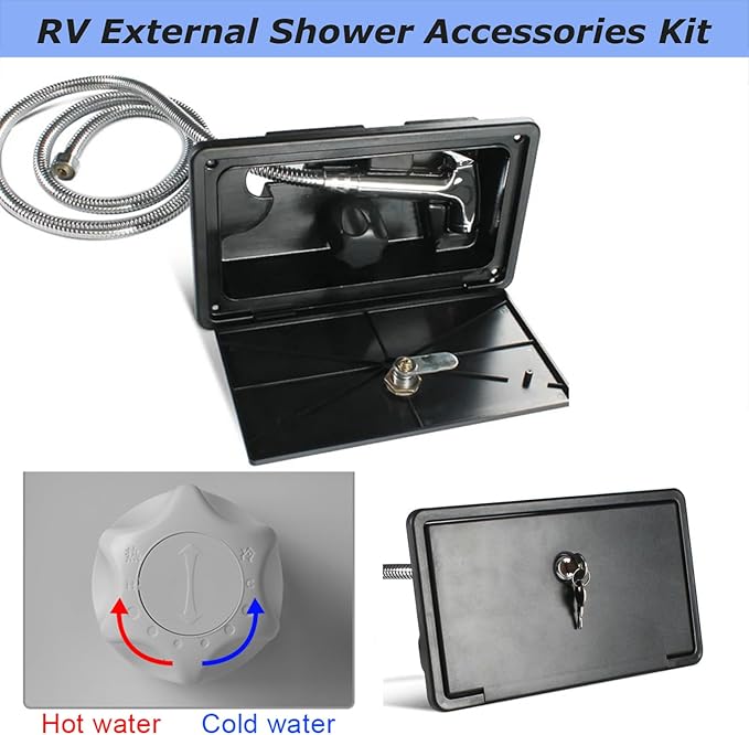 RV Exterior Shower Box Kit Torcarvh Shower Head with Lock with Hose and 2 Keys for Marine Boat RV Motorhome Caravan Camper Accessories (Black)