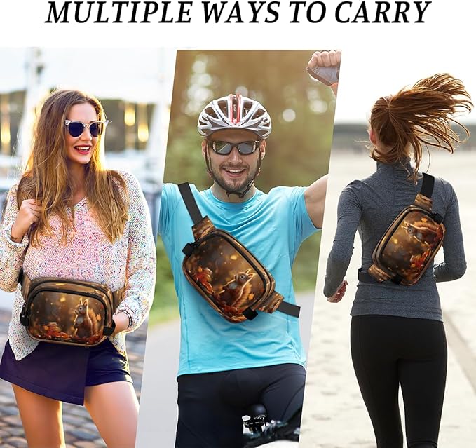 Cute Squirrel Leaves Waterproof Fanny Pack for Women Men Adjustable Waist Bag with Double Zipper Pockets Lightweight Square Hip Pack for Running Travel Hiking Workout Cycling