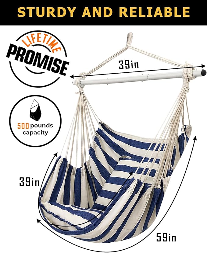 ADVOKAIR Hammock Chair Hanging Chair Swing Large Indoor with Anti-Slip Steel Spread Bar and Pocket-Max 500lbs-2 Cushions Perfect for BedroomOutdoorPatio PorchBackyard…