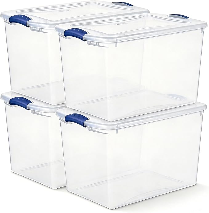 4-Pack 66 Quart Clear Storage Bins with Latching Lids - Sturdy Stackable Organizing Containers for Home Garage &amp Basement - Practical Latch Boxes for Clothes Bedding &amp Seasonal Items