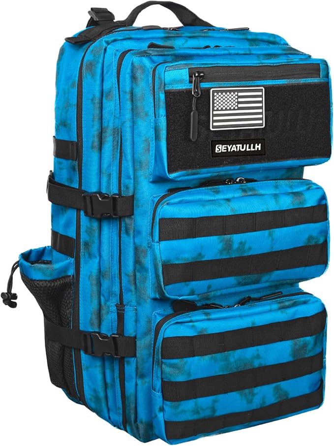 55L Military Tactical Backpack - Bug Out Bag with MOLLE System for Hiking(Blue tie dye)