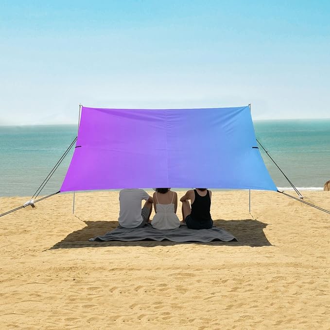 Blue Purple Gradient Beach Tent &amp Canopy UPF50+ Protection Waterproof Large Portable Sun Shelter with Sandbags and Shovel for Camping Picnics Backyard &amp Fishing